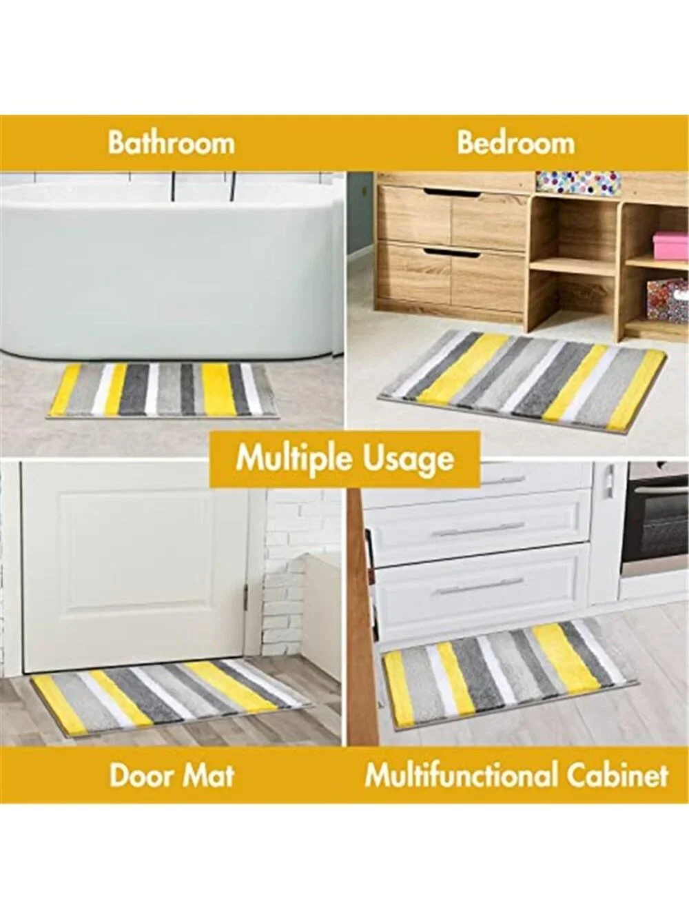 Yellow Grey Striped Bath Mat 16x24 Soft Plush Microfiber Non Slip Bathroom Rug